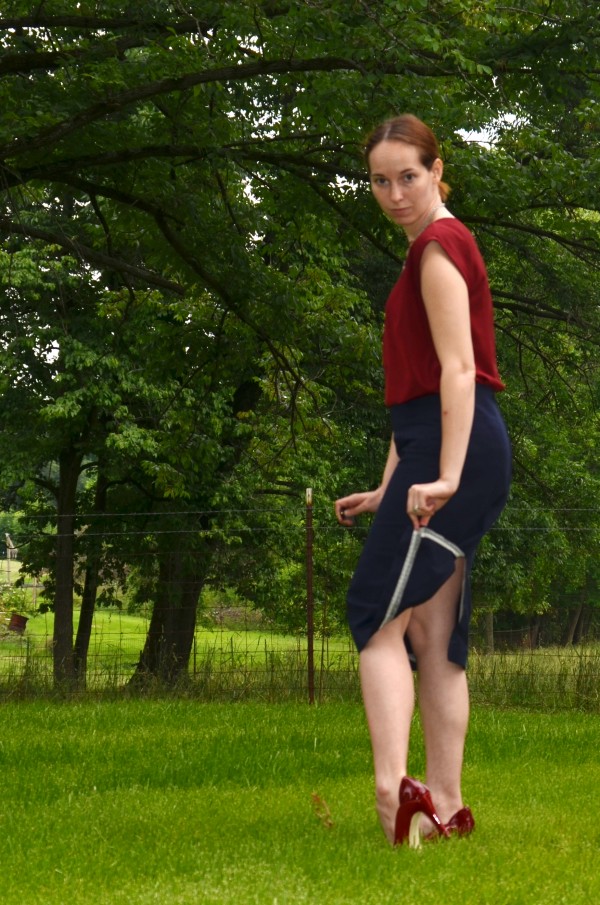 navy pencil skirt with interior detailing