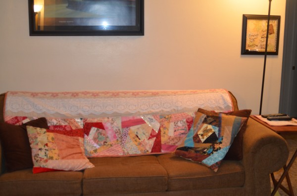 valentine quilt on couch