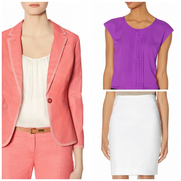 Left: Vibrant 1-Button Blazer in Coral Top Right: Pintucked Front Shell in Purple Bottom Right: Slant Seam Pencil Skirt in White