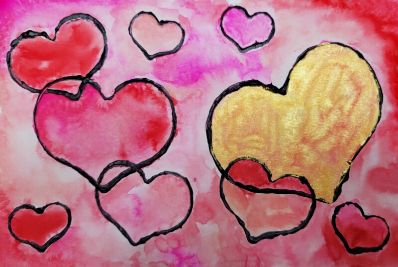 valentine hearts watercolor in pinks, red, and gold