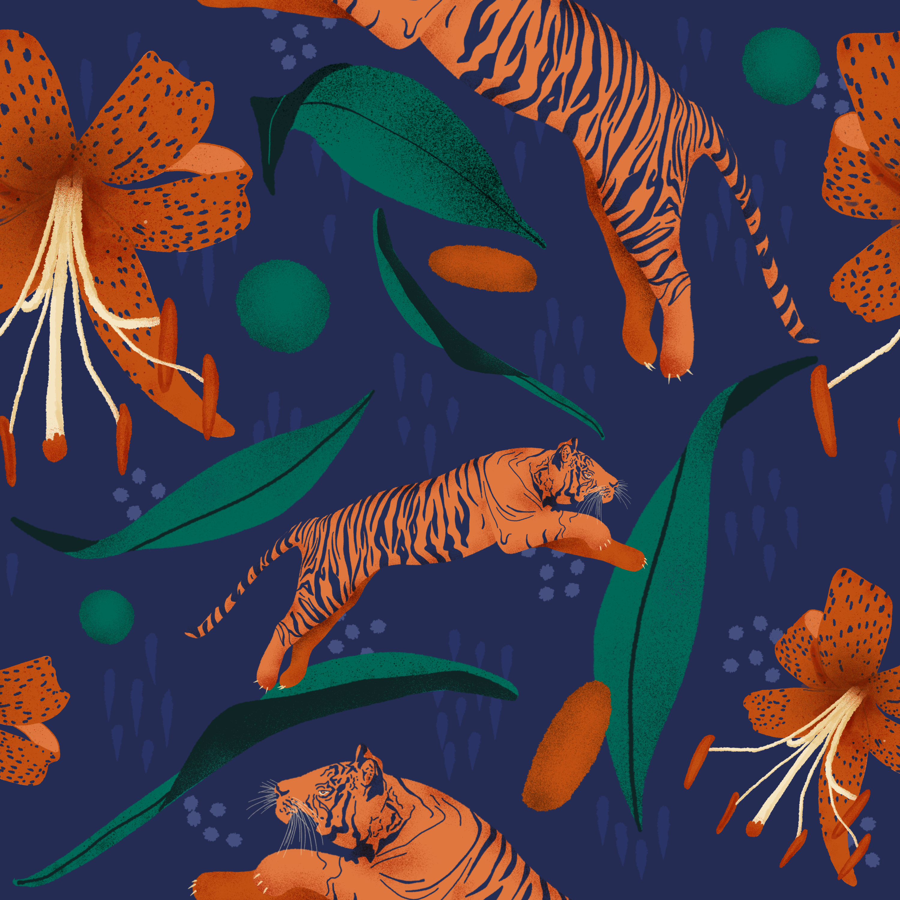 digital pattern created in procreate that features both tigers and tiger lilies