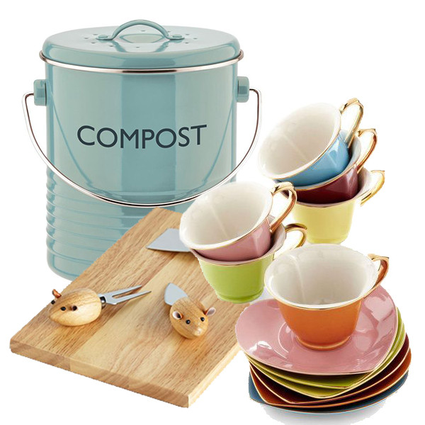 Compost bucket by Typhoon Housewares available for £19.95 at Silver Mushroom; Mice and Menu Cheese Board set from Modcloth for $29.99;  Dream Sugar and Tea set from Modcloth for $64.99.