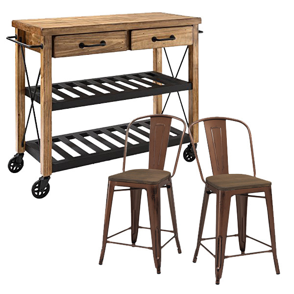 Crosley Roots Rack Industrial Kitchen Cart available for $478.00 at Amazon; and Tabouret Wood Seat Brushed Copper Bistro Counter Stools for $148.00 per set of 2 from Overstock.com.