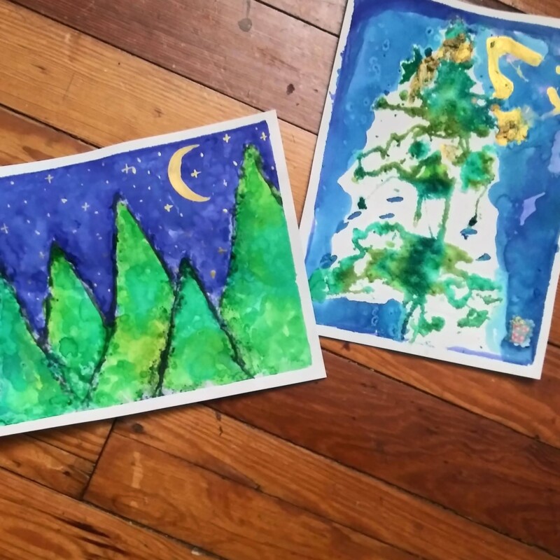 Left: colored glue and watercolor by Andrea, Right: Salt painting and watercolor by Milli