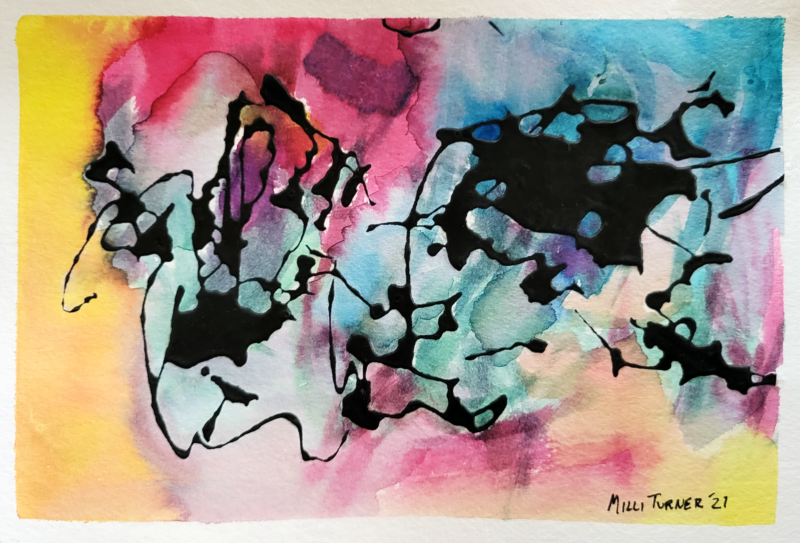 maelstom art print, pink, blue, and yellow watercolor, with black "goth glue" splotches