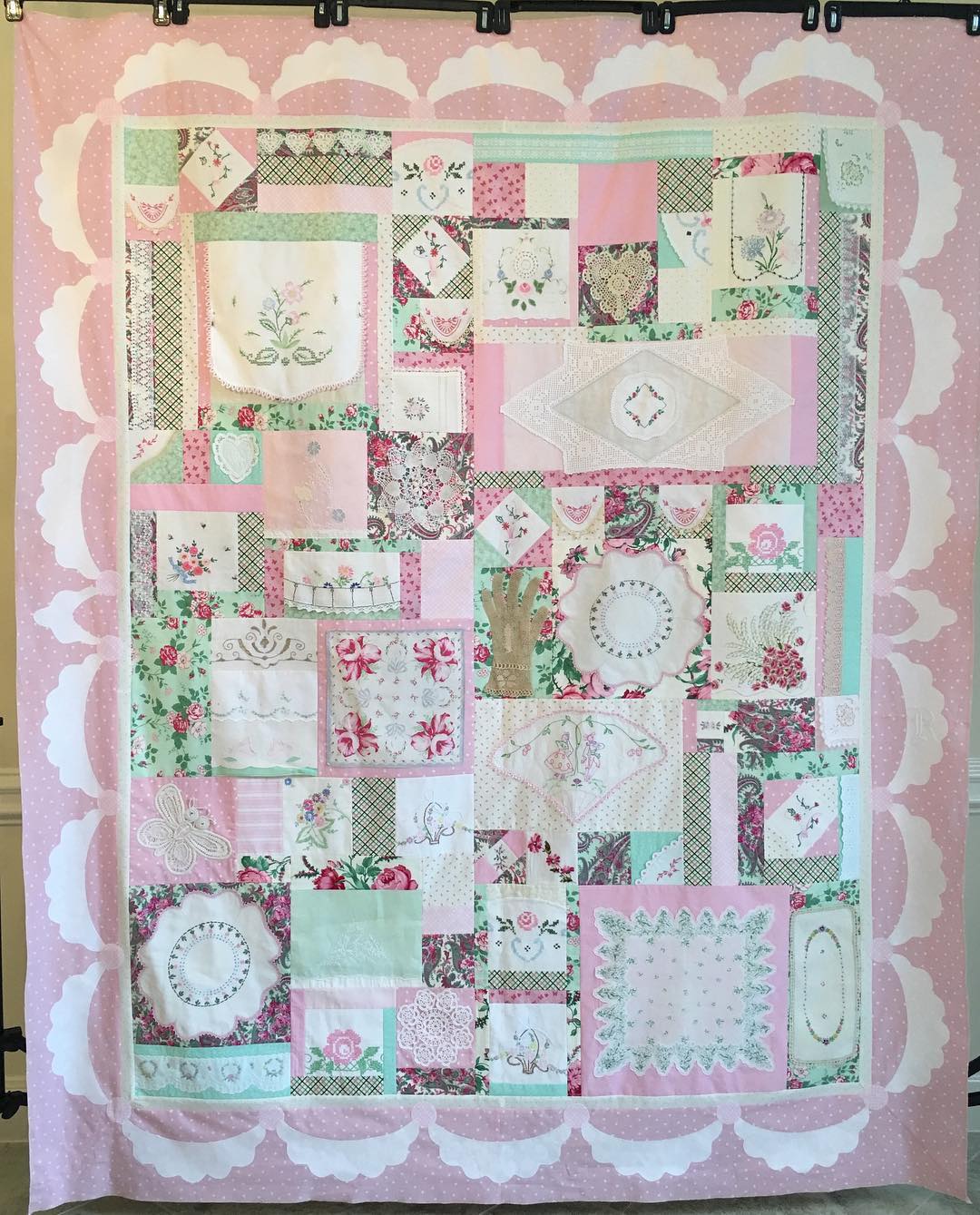 Communique Quilt variation by Rhonda Cox Dort featuring vintage linens in green and pink